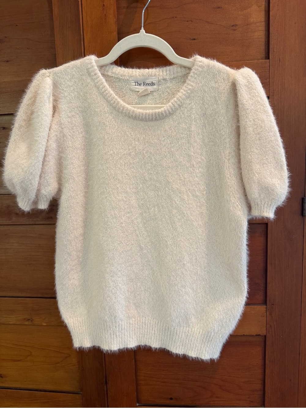 The Reeds Cream Fuzzy Puff Sleeve Short Sleeve Sweater Knit Top Size L